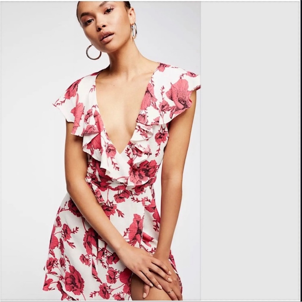 Free People Pink White French Quarter Print Wrap Mini Dress X-Small